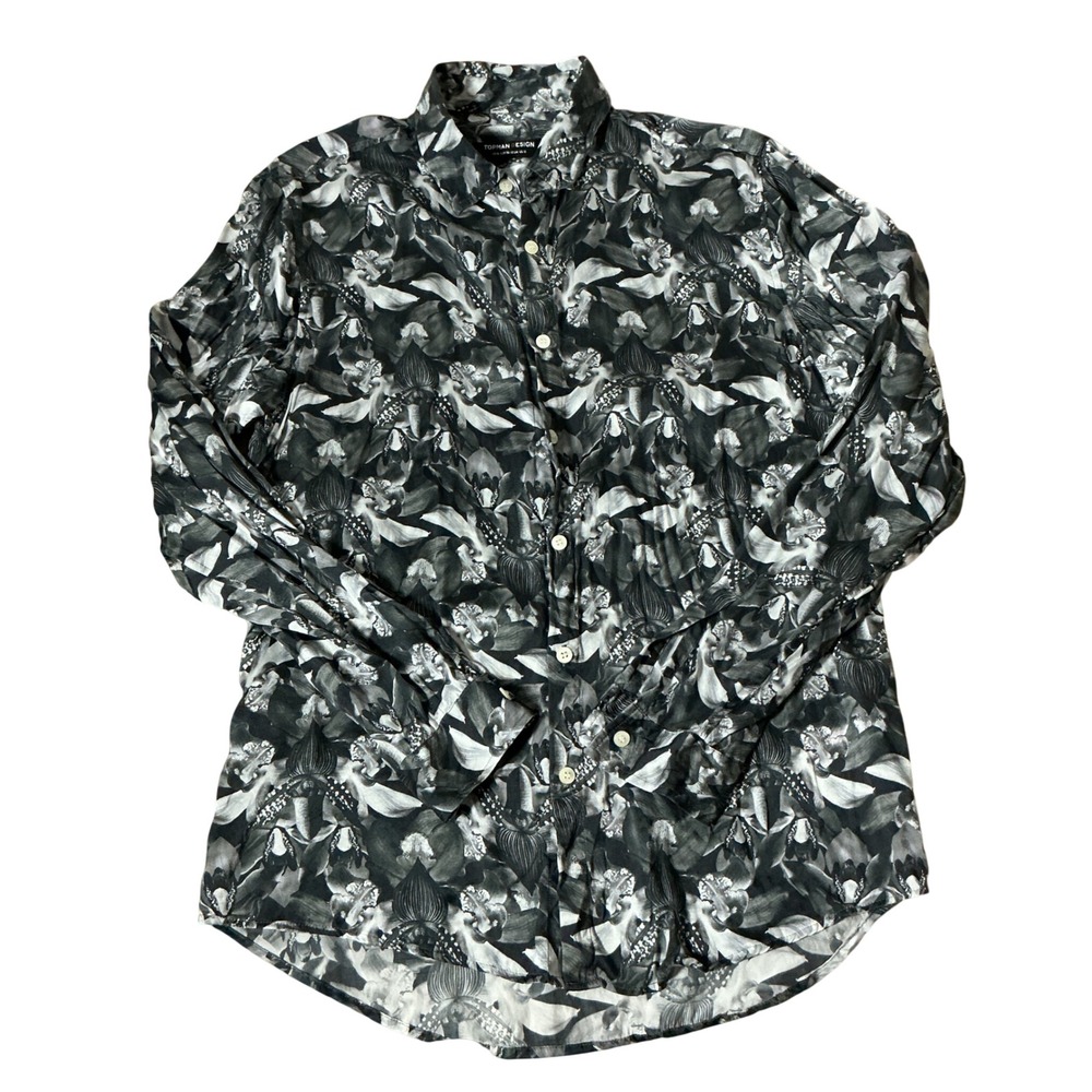Topman Design Silk Floral Orchid Button Down Shirt Mens M Black Grey 7BS04EBLK